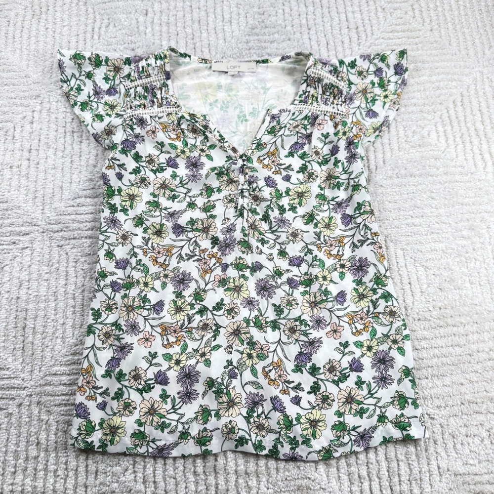 LOFT Floral Flutter Sleeve Top Women's XXSP Multi Boho Spring Cottagecore Garden